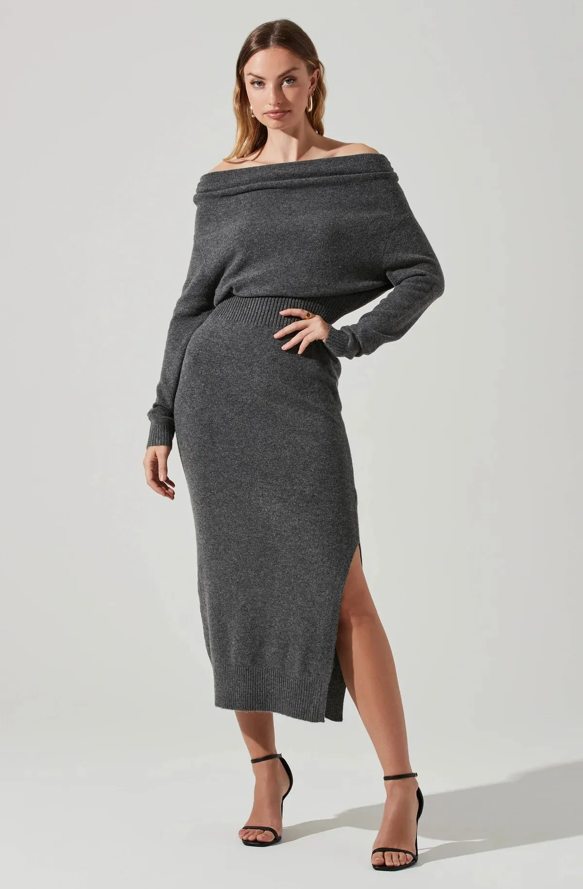 ASTR THE LABEL CORA OFF SHOULDER MIDI SWEATER DRESS CHARCOAL