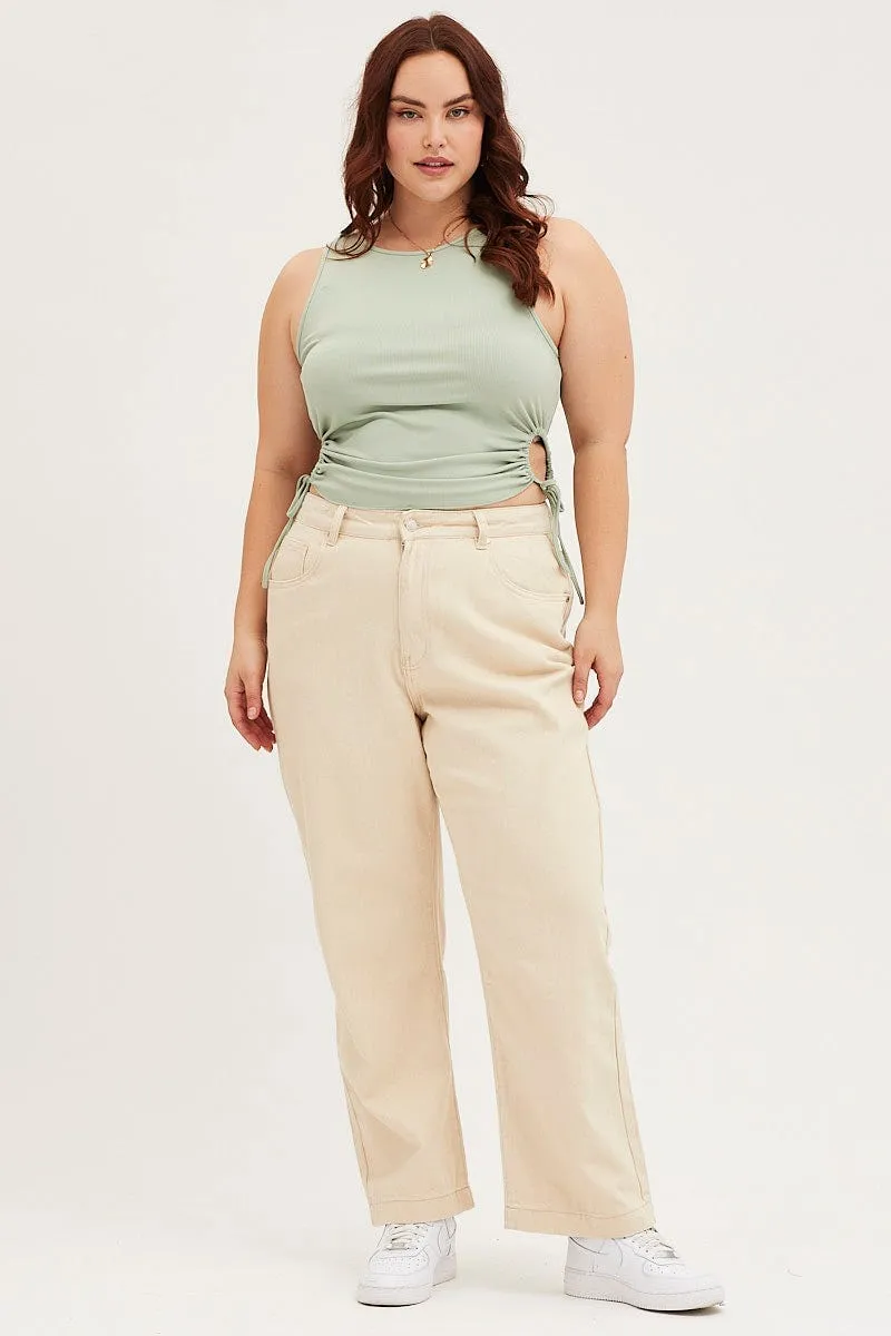 Beige Denim Jean High Rise Wide Leg