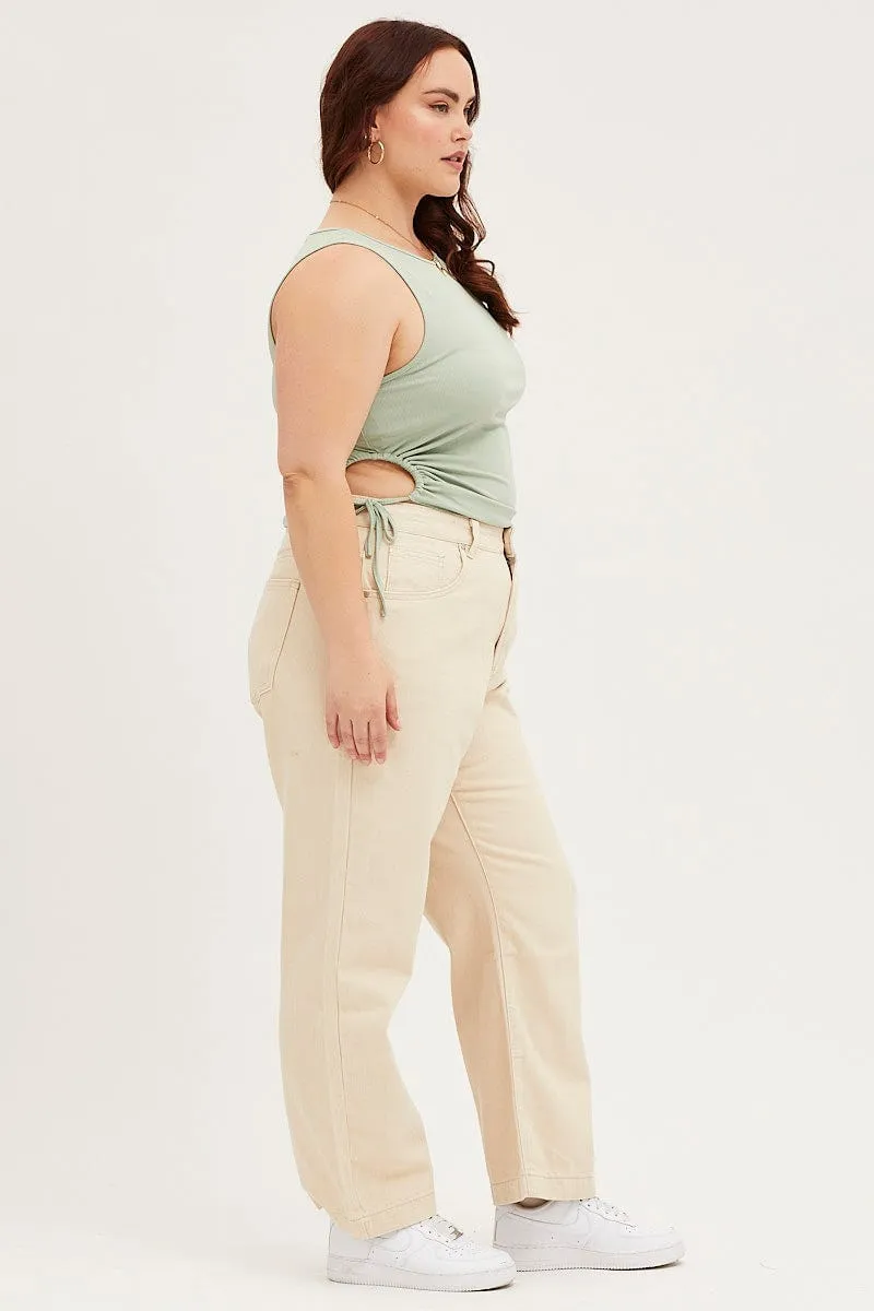 Beige Denim Jean High Rise Wide Leg