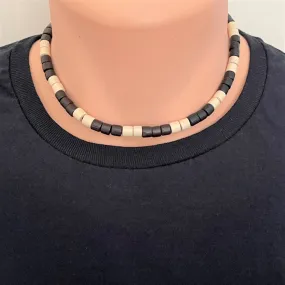 Black and Cream Wood Tube Mens Beaded Necklace