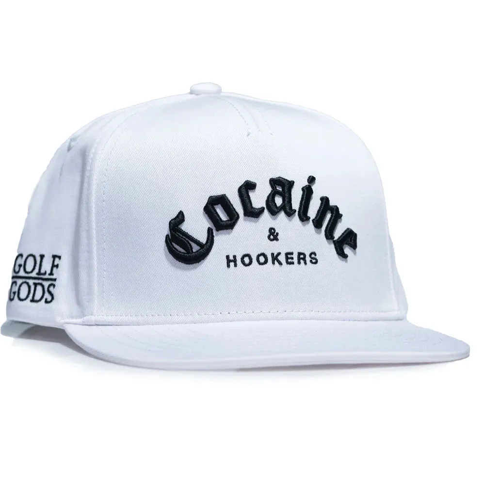 Cocaine & Hookers Golf Hat in White with Flat Brim