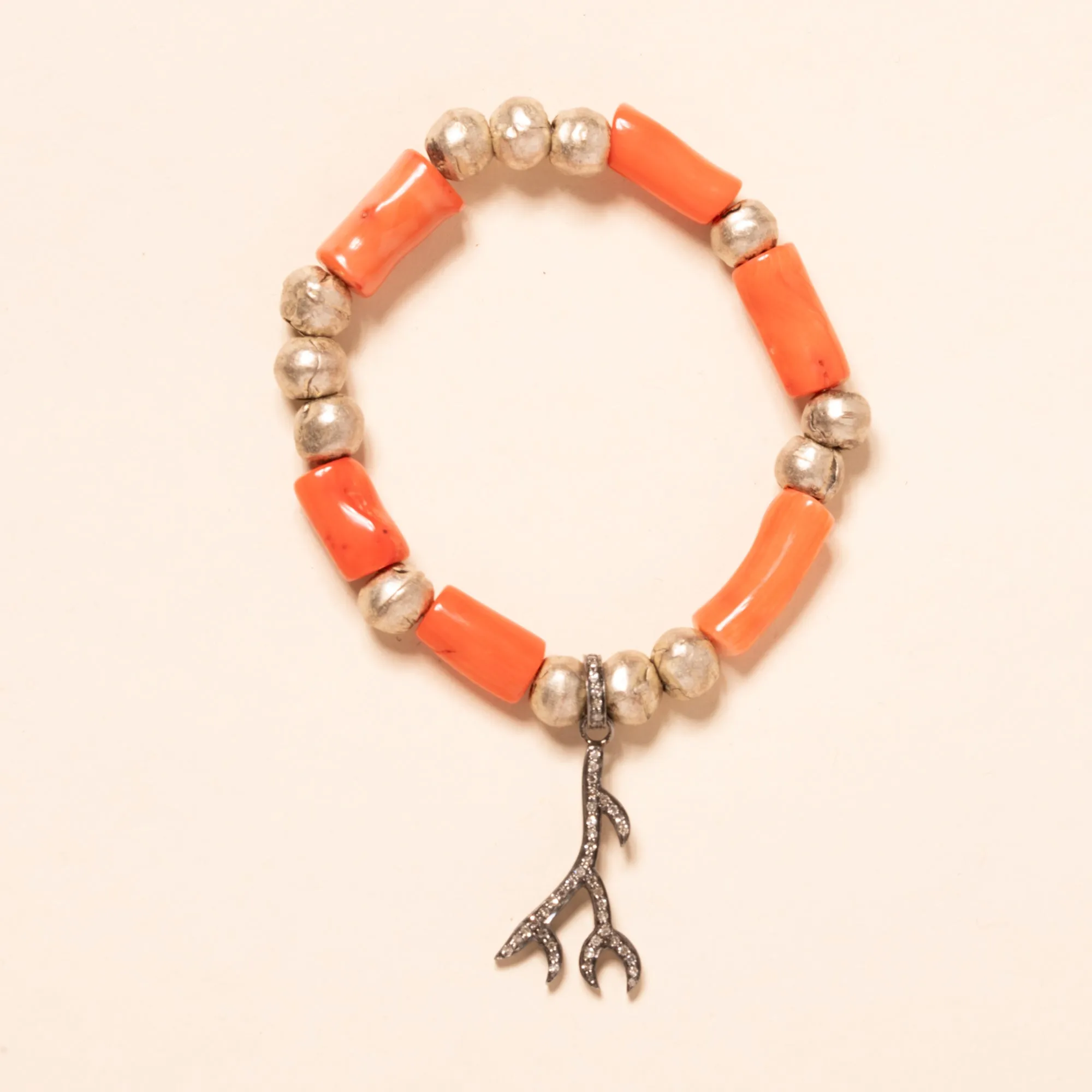 Coral and African Silver Brass with Silver and Diamond Branch Pendant Bloom Bracelet