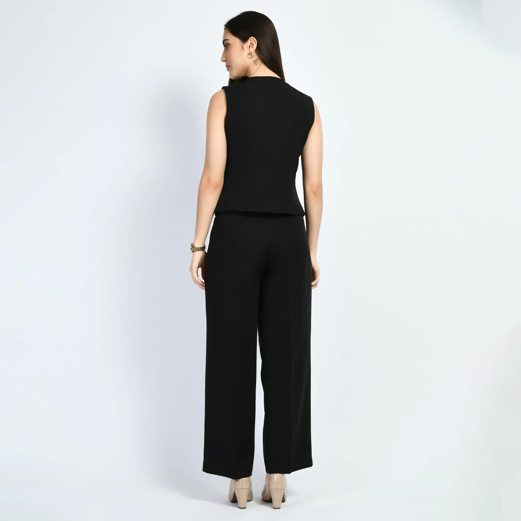 Exude Elusiveness Solid Wide Leg Trousers With Waist-Coat Top Co-ord (Black)