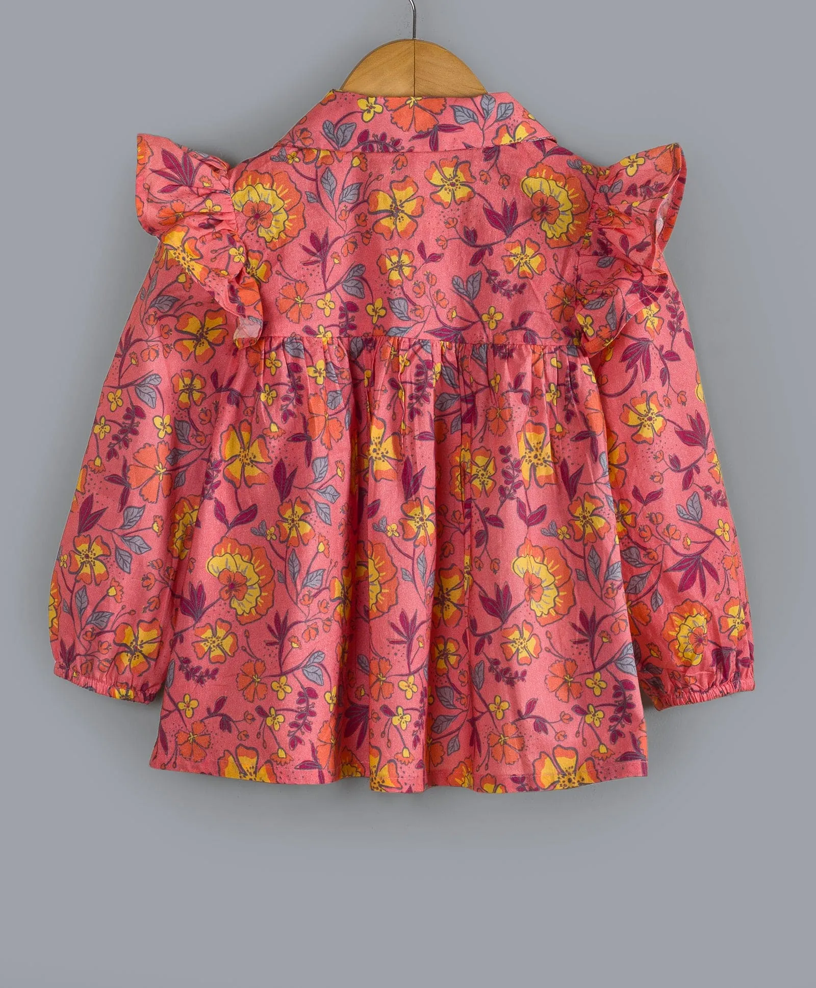 Floral print top with frills on shoulder n front button closure-Coral/Yellow