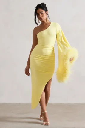 July | Lemon Asymmetric One Shoulder Cape Midi Dress With Feathers