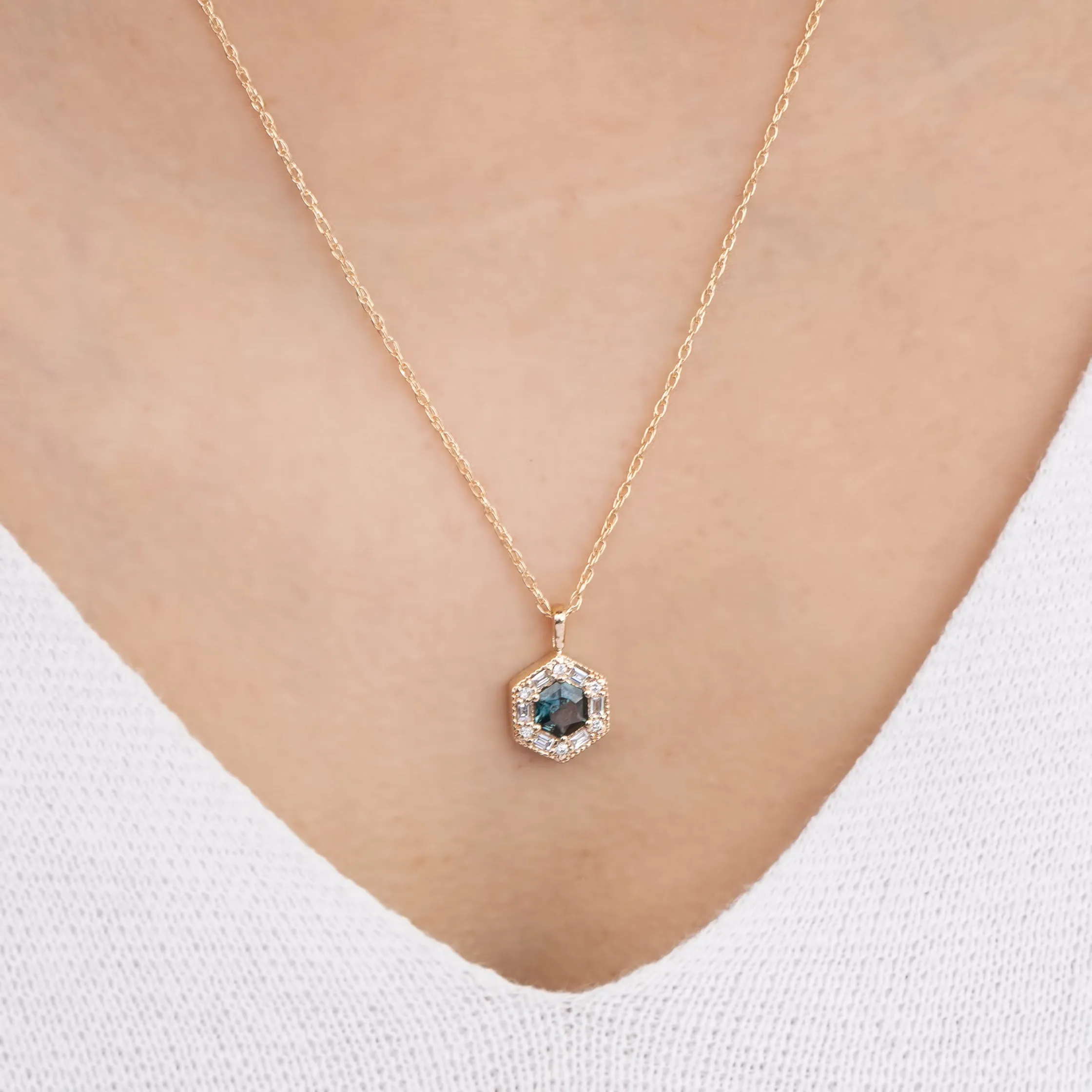 Lila Hexagon Necklace - 5mm Montana Sapphire Necklace, 14k yellow gold (One of a kind)