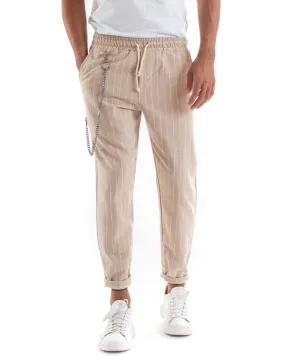 Pantaloni Uomo Pantalaccio Gessato Rigato Righe Beige Elastico Casual GIOSAL-P5385A