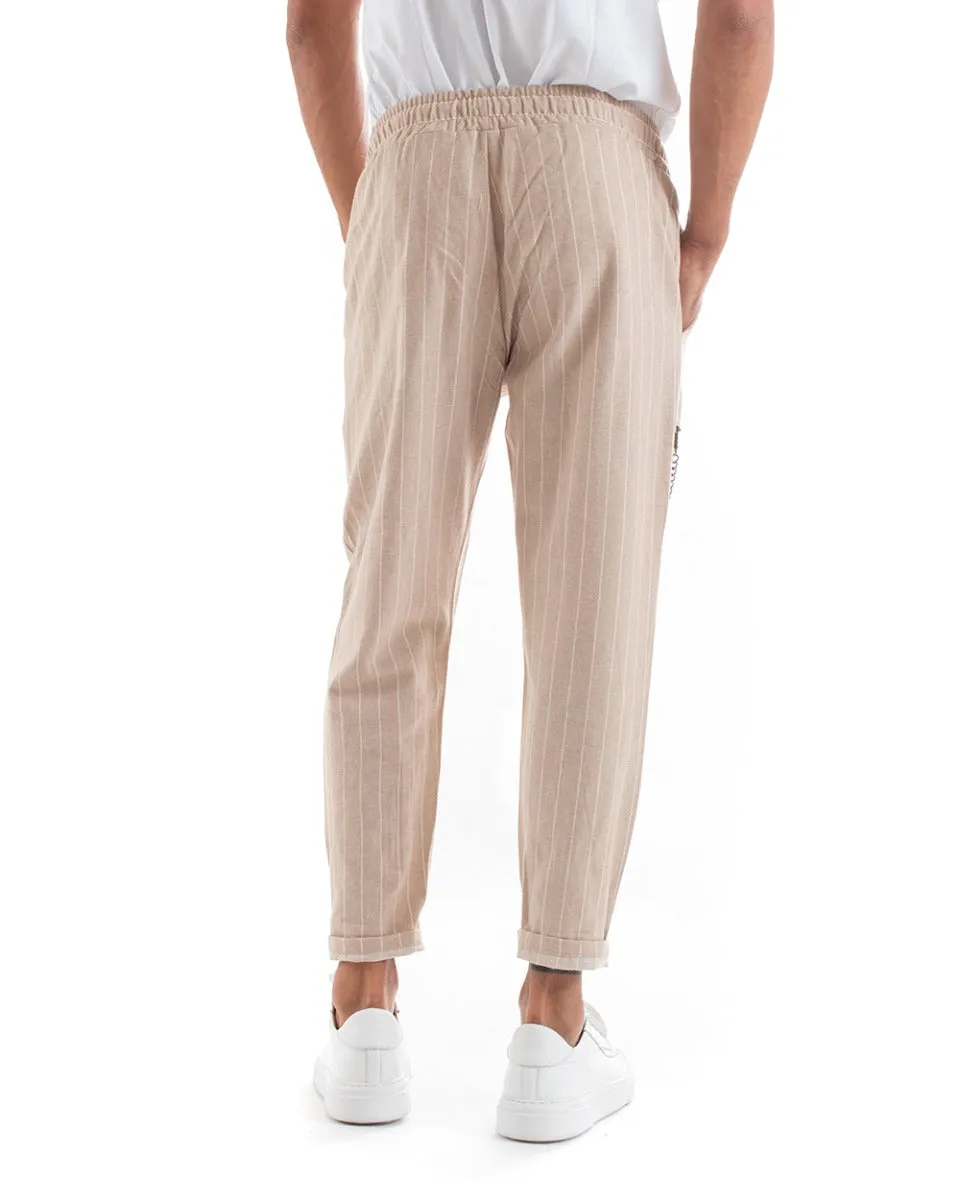 Pantaloni Uomo Pantalaccio Gessato Rigato Righe Beige Elastico Casual GIOSAL-P5385A