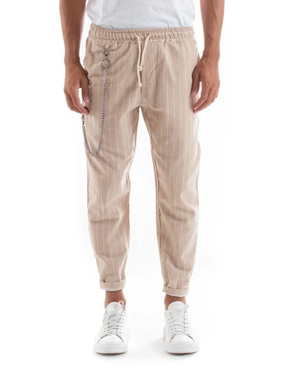 Pantaloni Uomo Pantalaccio Gessato Rigato Righe Beige Elastico Casual GIOSAL-P5385A