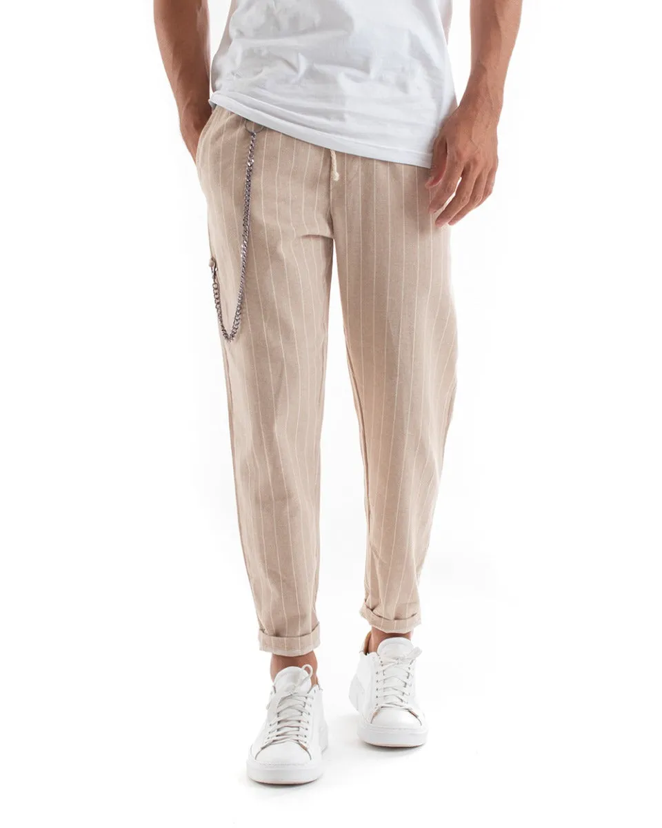 Pantaloni Uomo Pantalaccio Gessato Rigato Righe Beige Elastico Casual GIOSAL-P5385A