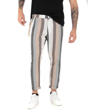 Pantaloni Uomo Tasca America Lino Rigato Righe Multicolore Beige Casual GIOSAL-P3812A