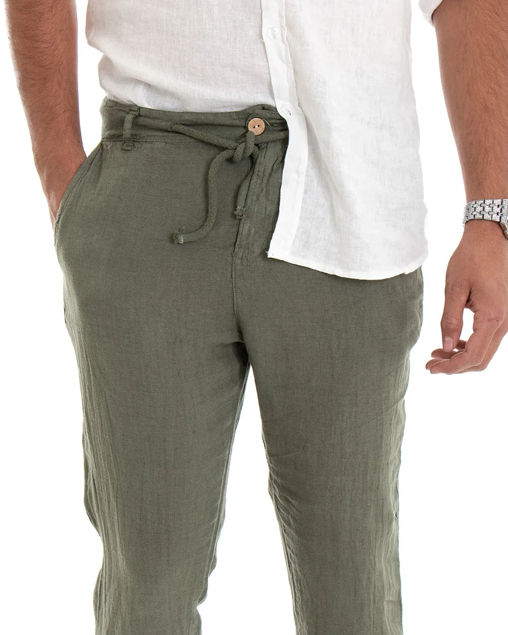 Pantaloni Uomo Tasca America Lino Tinta Unita Verde Casual Laccio GIOSAL-P3746A