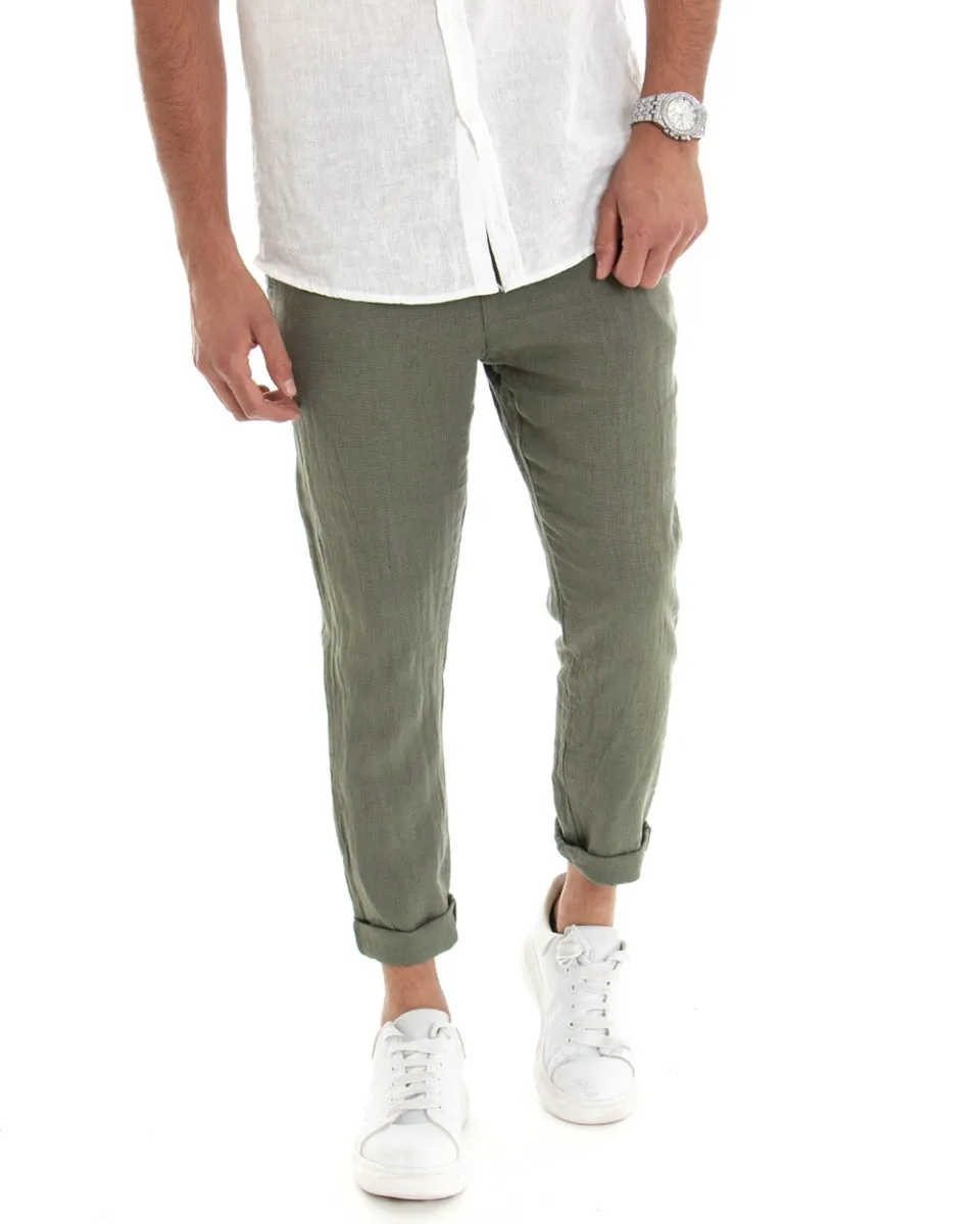 Pantaloni Uomo Tasca America Lino Tinta Unita Verde Casual Laccio GIOSAL-P3746A