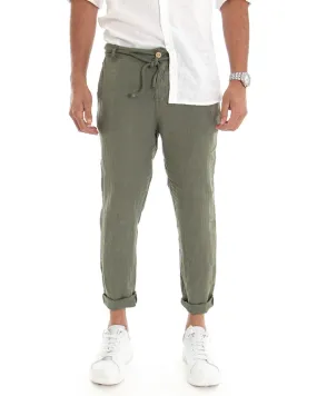 Pantaloni Uomo Tasca America Lino Tinta Unita Verde Casual Laccio GIOSAL-P3746A