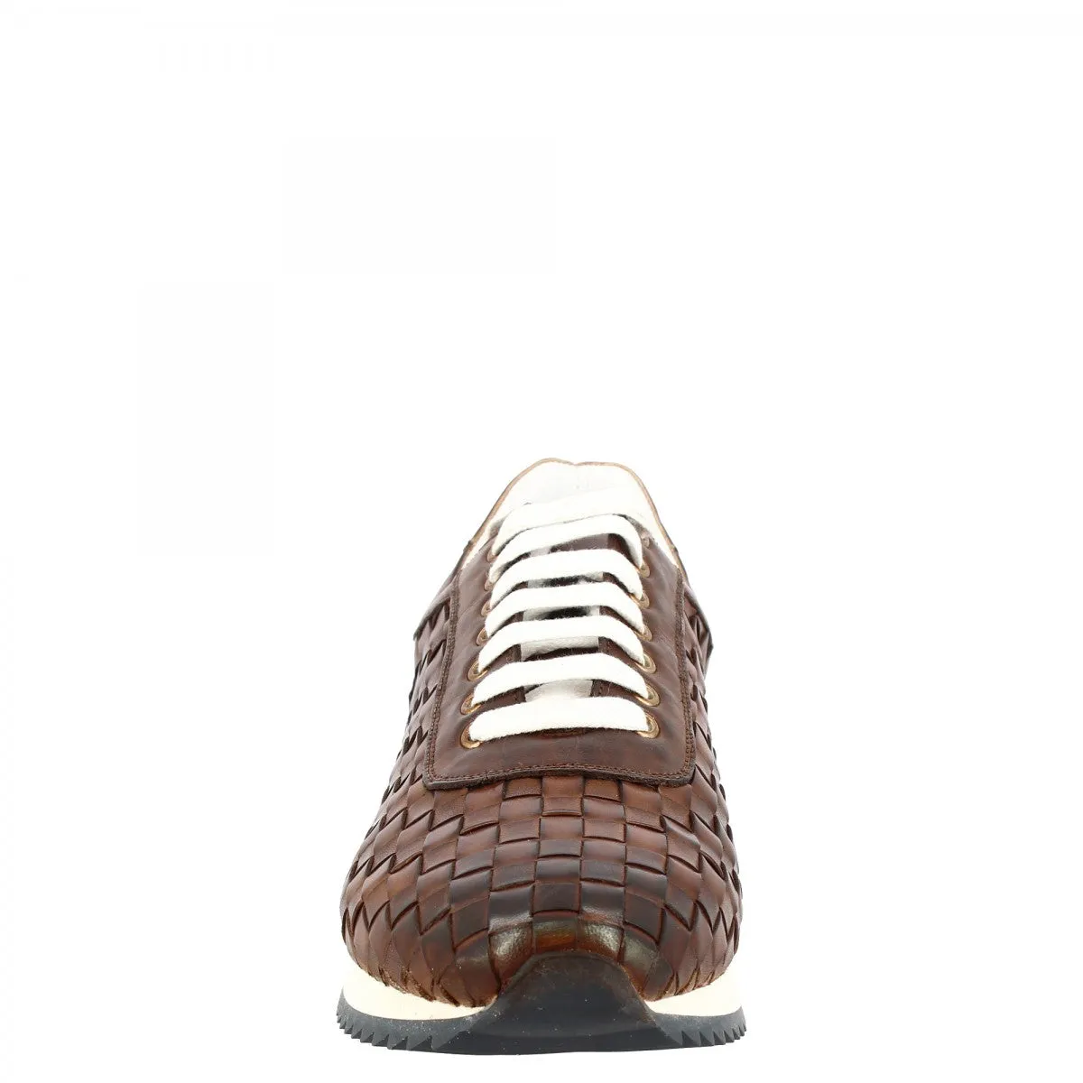 Sneakers casual da uomo fatte a mano in pelle intrecciata brandy