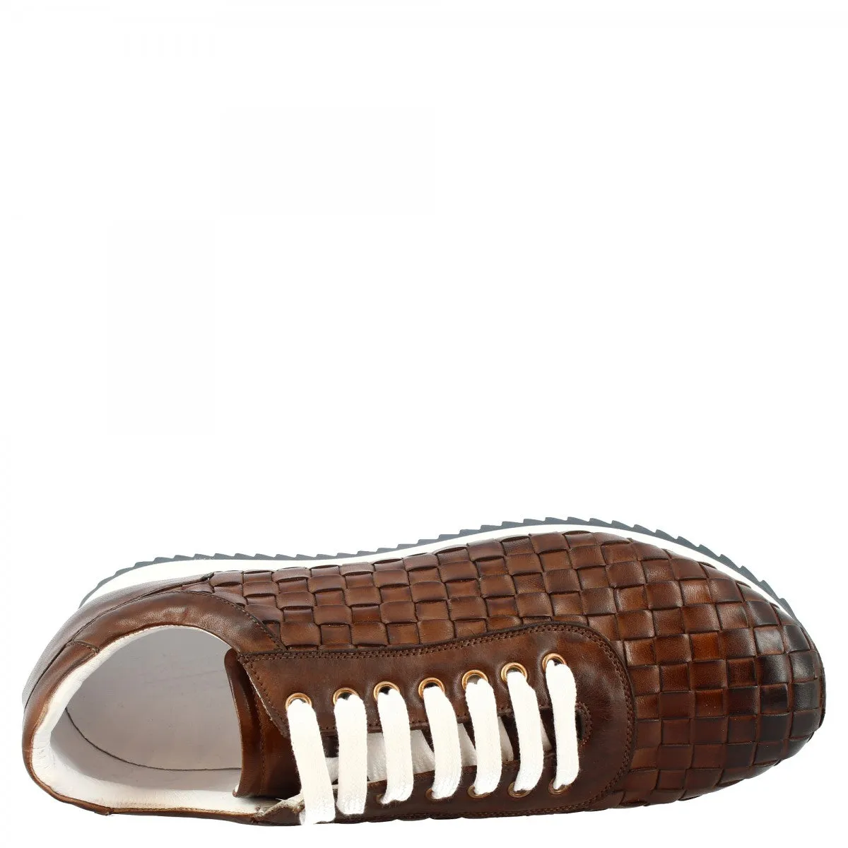 Sneakers casual da uomo fatte a mano in pelle intrecciata brandy