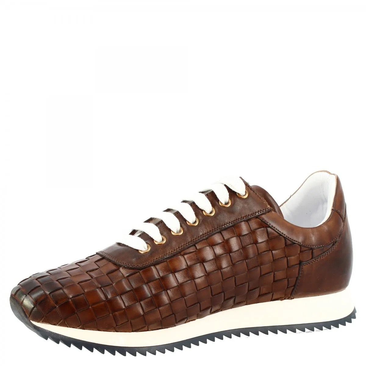 Sneakers casual da uomo fatte a mano in pelle intrecciata brandy